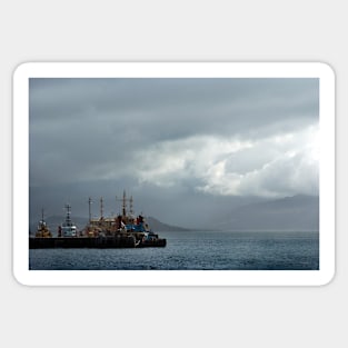 Dive support ships moored at Kyle of Lochalsh near Skye, Scotland Sticker